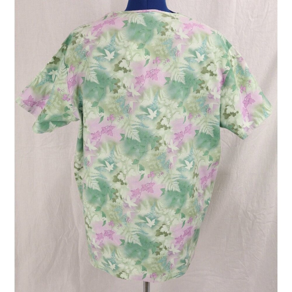 MG Medgear Scrub Top Women XL Green Leaf Floral Medical Uniform Shirt V Neck VTG - Picture 6 of 12